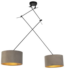Lampada a sospensione nera con paralumi in velluto color tortora con oro 35 cm 2 luci - Blitz