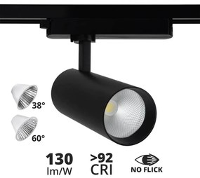 Faro LED 30W Monofase Nero, 38°/60°, 130lm/W, CRI92, no Flickering Colore  Bianco Naturale 4.000K
