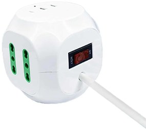 Multipresa Cubo 8 Posti 4 Prese 10/16A + 1 Presa Bipasso Schuko + 2 USB + USB C 3.0 con Interruttore Spina 10A Cavo 1.5m Bianco