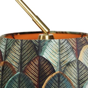 Lampada ad arco in ottone con doppio paralume in velluto con motivo a foglie e beige - XXL