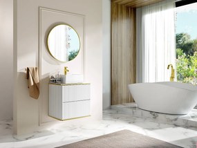 Mobile bagno sospeso con scanalature con bordo dorato e lavabo d'appoggio quadrato - Bianco - L60 cm - KELIZA