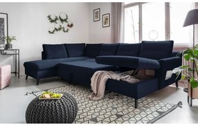 Divano letto a U in velluto blu scuro, angolo sinistro Stylish Stan - Miuform