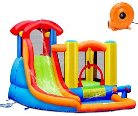 Costway Parco acquatico gonfiabile con scivolo e compressore, Piscina gonfiabile con scivolo e muro per arrampicarsi