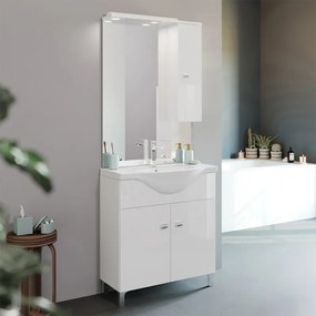 Mobile bagno a terra 75 cm Creta bianco lucido con lavabo e specchio con pensile