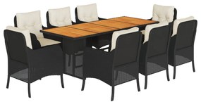 Set da pranzo da giardino 9 pz con cuscini nero in polyrattan