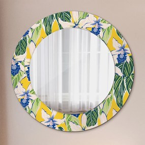 Specchio rotondo cornice con stampa Orchidee blu e gialle fi 50 cm