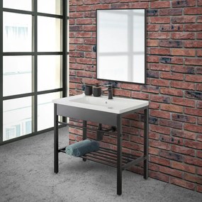 Mobile Bagno con Lavabo in Ceramica, Specchio e Sifone, Vano Portaoggetti, in Acciaio - 80 cm Nero