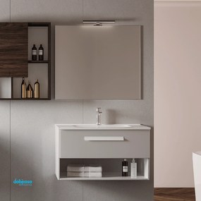 Mobile Bagno Sospeso "Aura 2" Da 100 Cm Composto Da Un Cassetto Ed Un Vano a Giorno Lavabo E Specchio Con Lampada Led