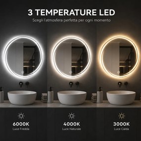 Specchio Rotondo Ø70cm con Spirale LED a 3 Colori Dimmerabile Accensione Touch...