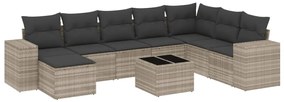 Set divano da giardino 9pz con cuscini grigio chiaro polyrattan