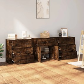 Credenze 3 pz rovere fumo in legno multistrato