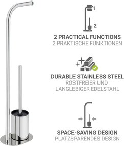 Porta carta igienica color argento lucido in acciaio inox con supporto con spazzola Levante – Wenko