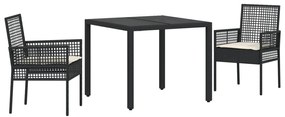 Set da pranzo da giardino a 3 pezzi con cuscini in polyrattan nero