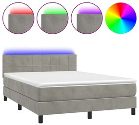 Letto a molle materasso e led grigio chiaro 140x190 cm velluto