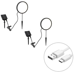 Set di 2 faretti da terra neri 50 cm con LED ricaricabili e pannello solare IP65 - Adalind