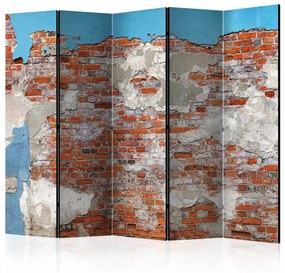 Paravento Segreti del Muro II - parete blu distrutta con mattoni arancioni