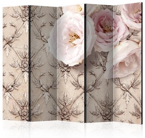 Paravento separè Romantic beige II (5 pezzi) - rose rosa chiaro su sfondo decorativo