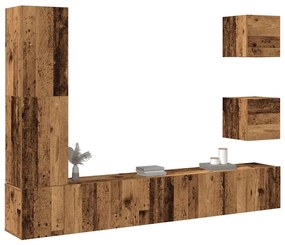 Set Mobile Tv 5 Pz Montato A Parete Legno Antico İn Truciolato /
