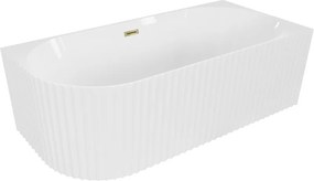 Mexen Gia vasca da bagno freestanding angolare con scanalature destra 150 x 75 cm, bianco lucido, troppopieno dorato