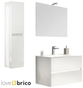 Mobile da bagno sospeso 80 cm con lavabo, colonna, specchio e led bianco lucido