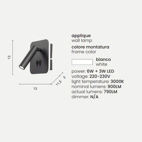 Applique SELLA 13 cm in metallo Bianco retroilluminata e spot LED orientabile