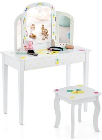 Costway Set tavolo e sgabello da trucco per bambini, Toeletta da trucco per bambini con specchio pieghevole cassetto Bianco
