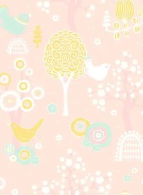 Majvillan Carta da parati Cherry Valley - Lovely Pink/ Yellow/ Turquoise/ Cream White