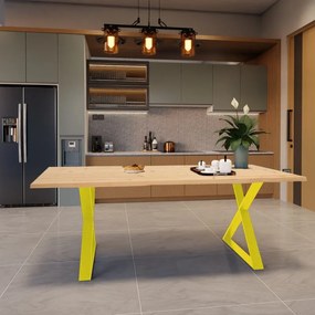 Tavolo da pranzo fisso in legno massello di abete grezzo 160X90X4 cm, 2 gambe Cross giallo
