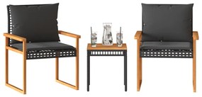 Set da bistrò 3 pz con cuscini nero polyrattan e legno acacia