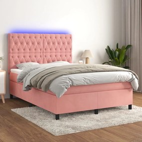 Letto A Molle Con Materasso E Led Rosa 140x200 Cm İn Velluto /