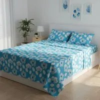 Completo letto matrimoniale azzurro fiori bianchi