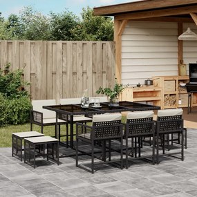 Set da pranzo da giardino 11 pz con cuscini in polyrattan nero