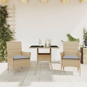 Set Da Pranzo Da Giardino 3 Pz Con Cuscini Polyrattan E Vetro /