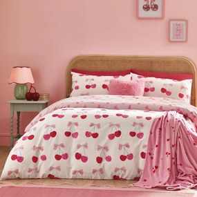 Set copripiumino e federa bianco e rosa per letto matrimoniale 200x200 cm Cherries and Bows – Catherine Lansfield