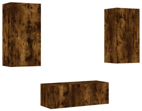 Mobili tv a muro con led 4pz rovere fumo in legno multistrato