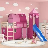 Letto a Soppalco con Torre Bambini Rosa 90x190cm Massello Pinocod mxl 85324