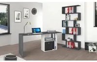 Scrivania lineare per ufficio e studio con scaffale, Made in Italy, Tavolo minimal, Scrittoio porta PC, cm 110x50h75, Bianco lucido e Grigio Cenere