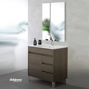 Mobile Bagno Con Piedini "Mondo 2.0" Rovere Scuro Da 80cm Un Anta E Tre Cassetti Lavabo E Specchio