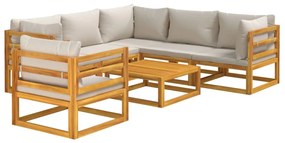 Set salotto giardino 7pz cuscini grigio chiaro legno massello