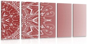 Quadri 5 pezzi – Mandala bianco su sfondo bordeaux
