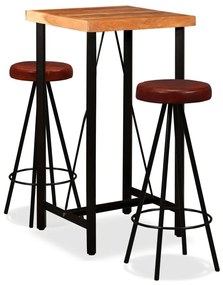Set Da Bar 3 Pz İn Legno Massello Di Acacia E Vera Pelle /