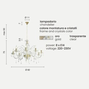 Lampadario a sospensione in cristallo MARIATERESA liscio 8 luci