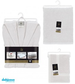 Kit "Gold" Accappatoio+Asciugamano Viso+Tappeto Scendidoccia 100% Cotone Colore Bianco