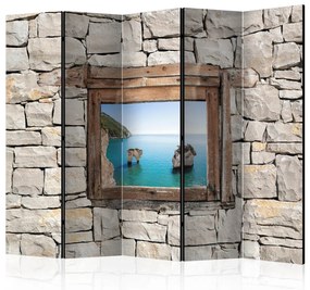 Paravento design Baia di Zagare II - Vista del mare blu estivo dalla finestra di legno