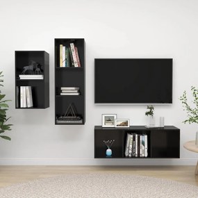 Set Mobili Tv 3 Pz Nero Lucido İn Legno Multistrato /