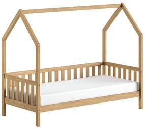 Letto da bambini a forma di casa di colore naturale in rovere massiccio con rete inclusa 90x200 cm Cabane – Vipack
