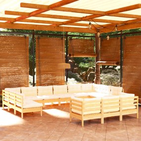 Set divani da giardino 13 pz con cuscini crema massello di pino