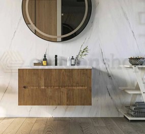 Mobile bagno noce chiaro 120x46 cannettato Urbino due cassetti con lavabo in ceramica frontale