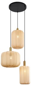 Lampada a sospensione Japandi nera e oro con paralume beige a 3 luci - Pluni