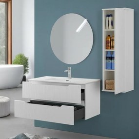 Mobile bagno sospeso 100 bianco cannettato doppi cassetto lavabo e specchio Wise